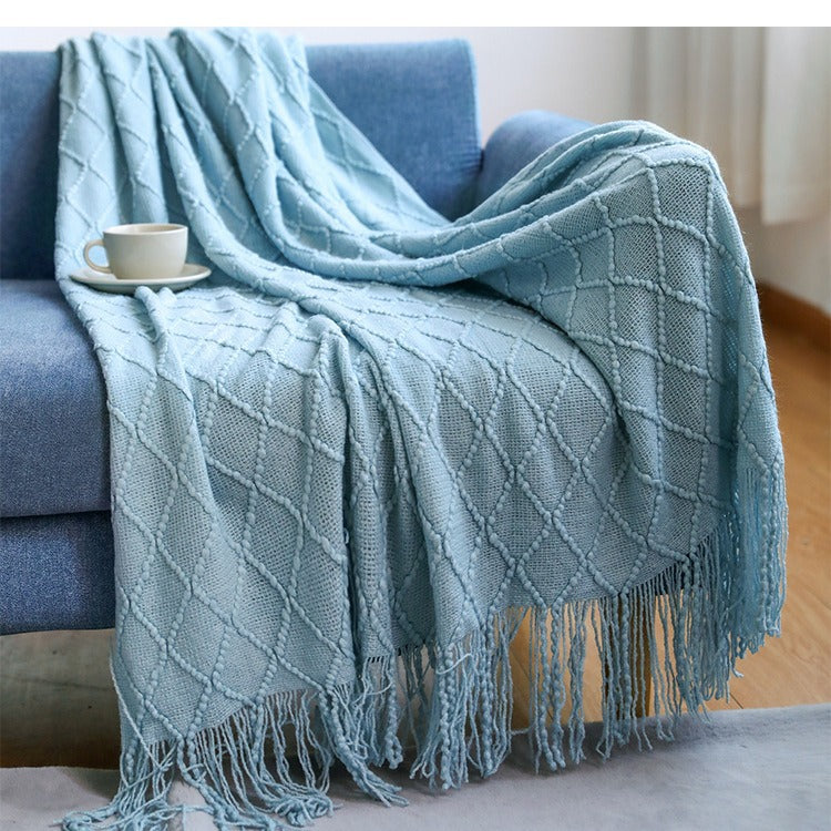 Geometric Knitted Sofa Throw Blanket with Tassels, sofa blanket and knit throw