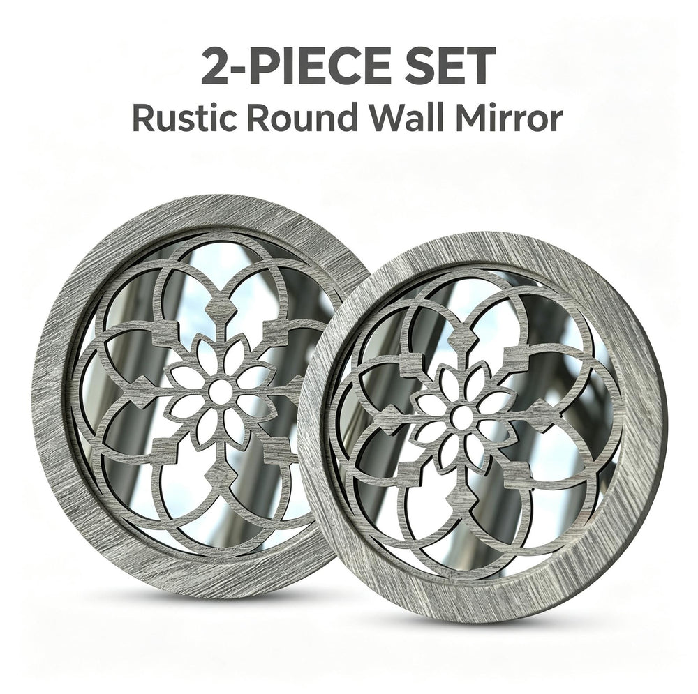 Carved Round Decorative Wall Mirrors Set of 2, round mirror and farmhouse mirror