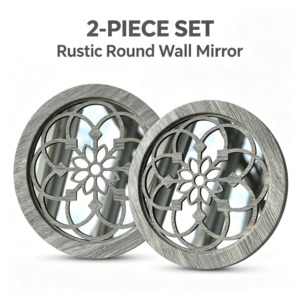 Carved Round Decorative Wall Mirrors Set of 2, round mirror and farmhouse mirror