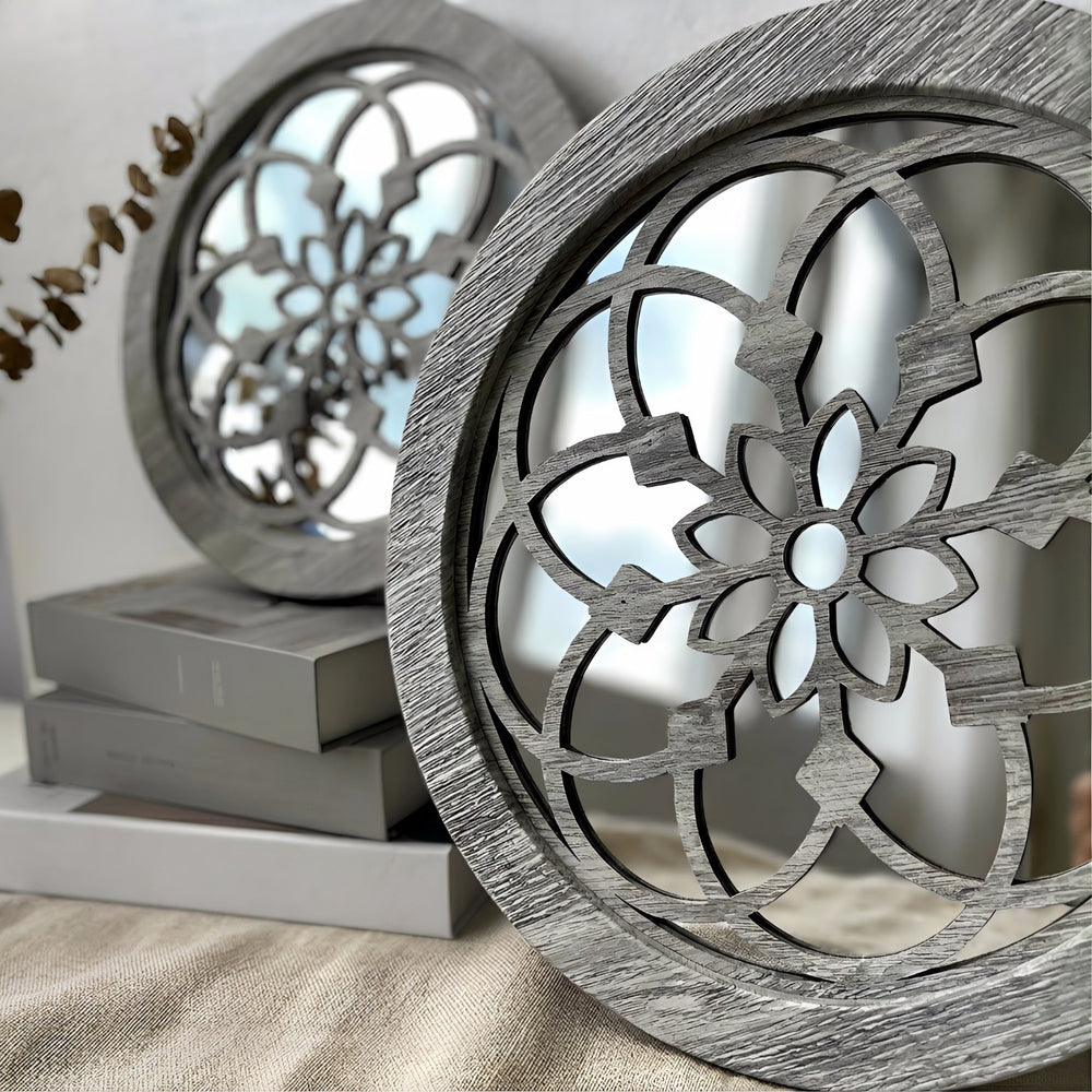 Carved Round Decorative Wall Mirrors Set of 2, round mirror and farmhouse mirror