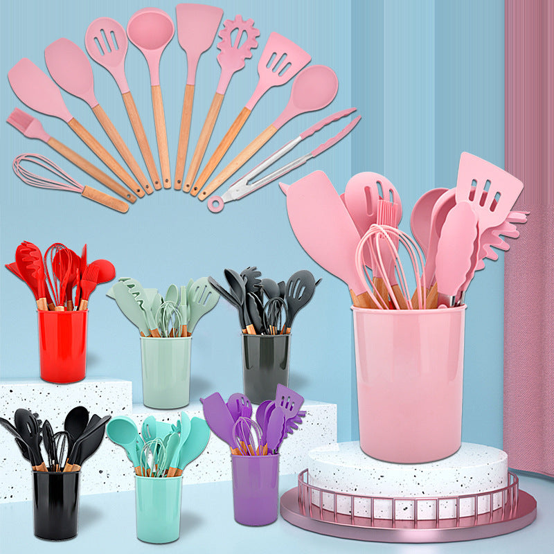 Silicone Kitchen Utensils with Wooden Handles — 12-Piece Set, cooking utensils, spatula set and kitchen tool set