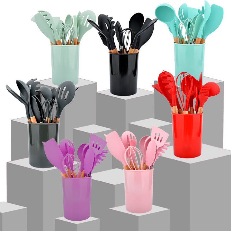 Silicone Kitchen Utensils with Wooden Handles — 12-Piece Set, cooking utensils, spatula set and kitchen tool set