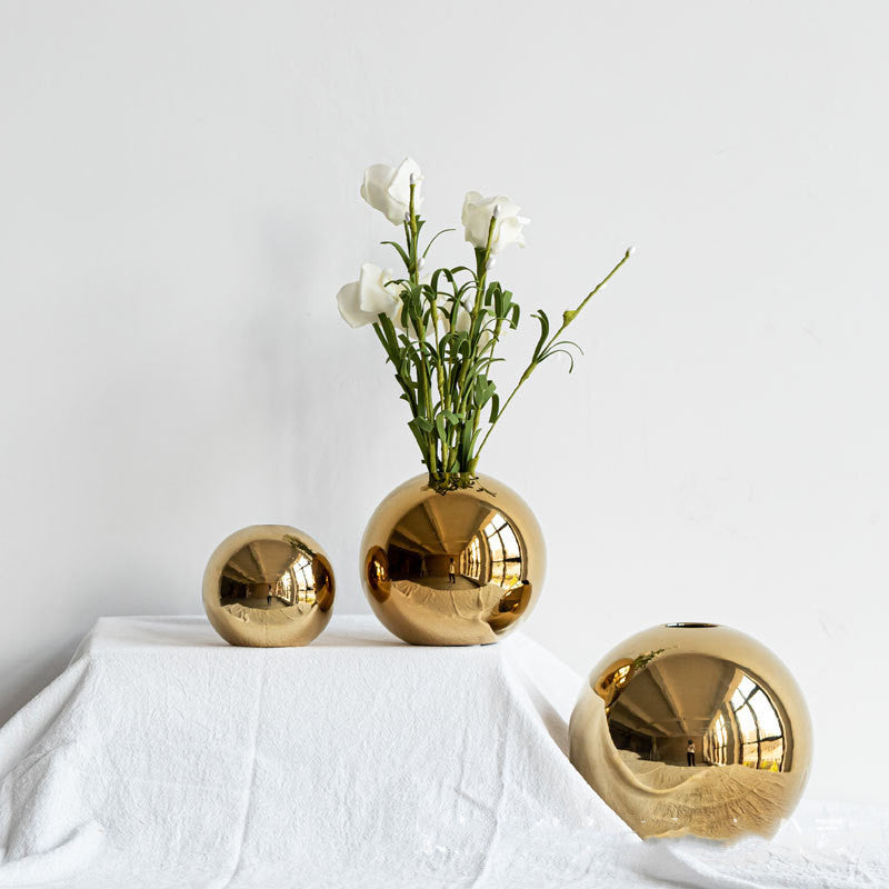 Gold Ceramic Vase with Rounded Shape, flower vase and home decor vase