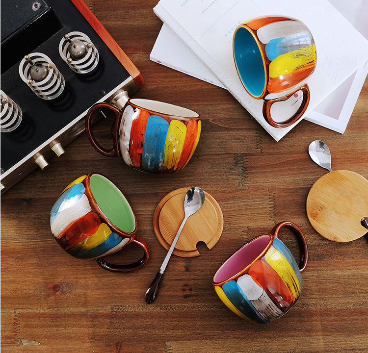 Colorful ceramic cup with lid and spoon, supplier listing image