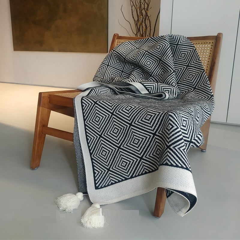 Black and White Geometric Knitted Blanket, throw blanket, knit blanket and sofa blanket