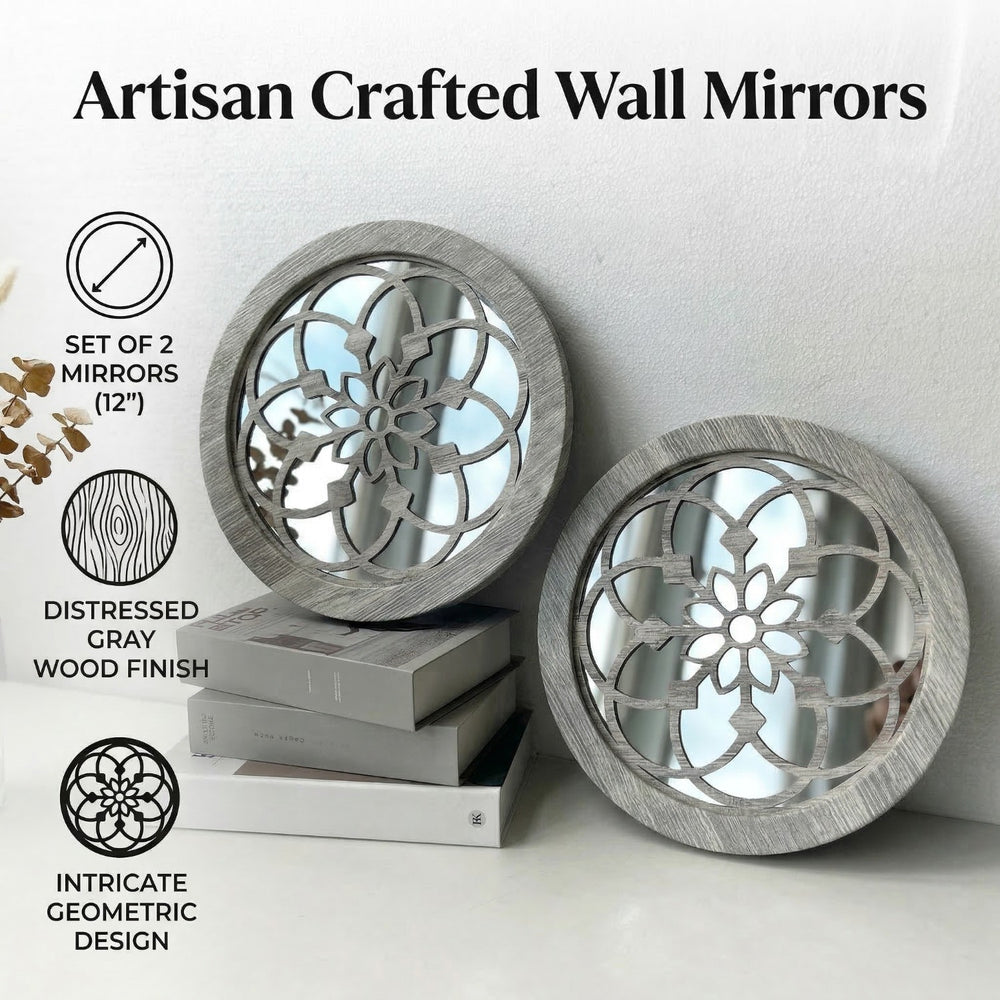Carved Round Decorative Wall Mirrors Set of 2, round mirror and farmhouse mirror