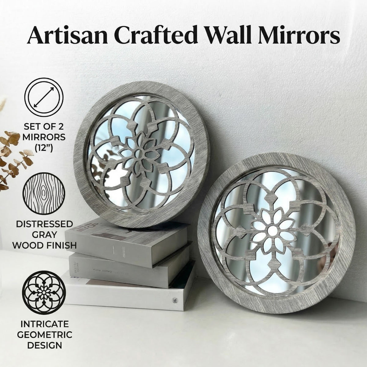 Carved Round Decorative Wall Mirrors Set of 2, round mirror and farmhouse mirror