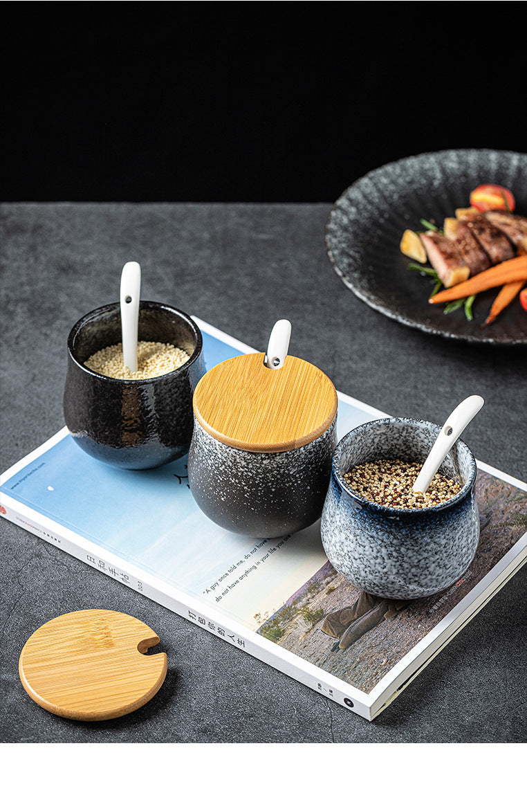 Ceramic Seasoning Jar and Wooden Tray Options, spice jar and condiment jar