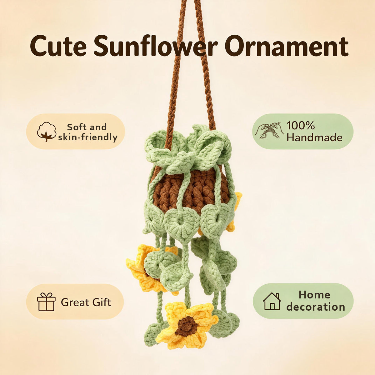 Crochet Hanging Sunflower Ornament, crochet flower, hanging ornament and sunflower decor