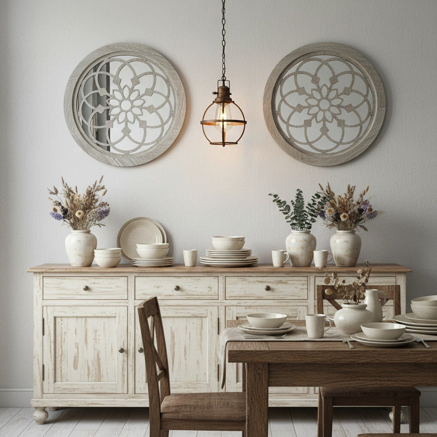 Carved Round Decorative Wall Mirrors Set of 2, round mirror and farmhouse mirror