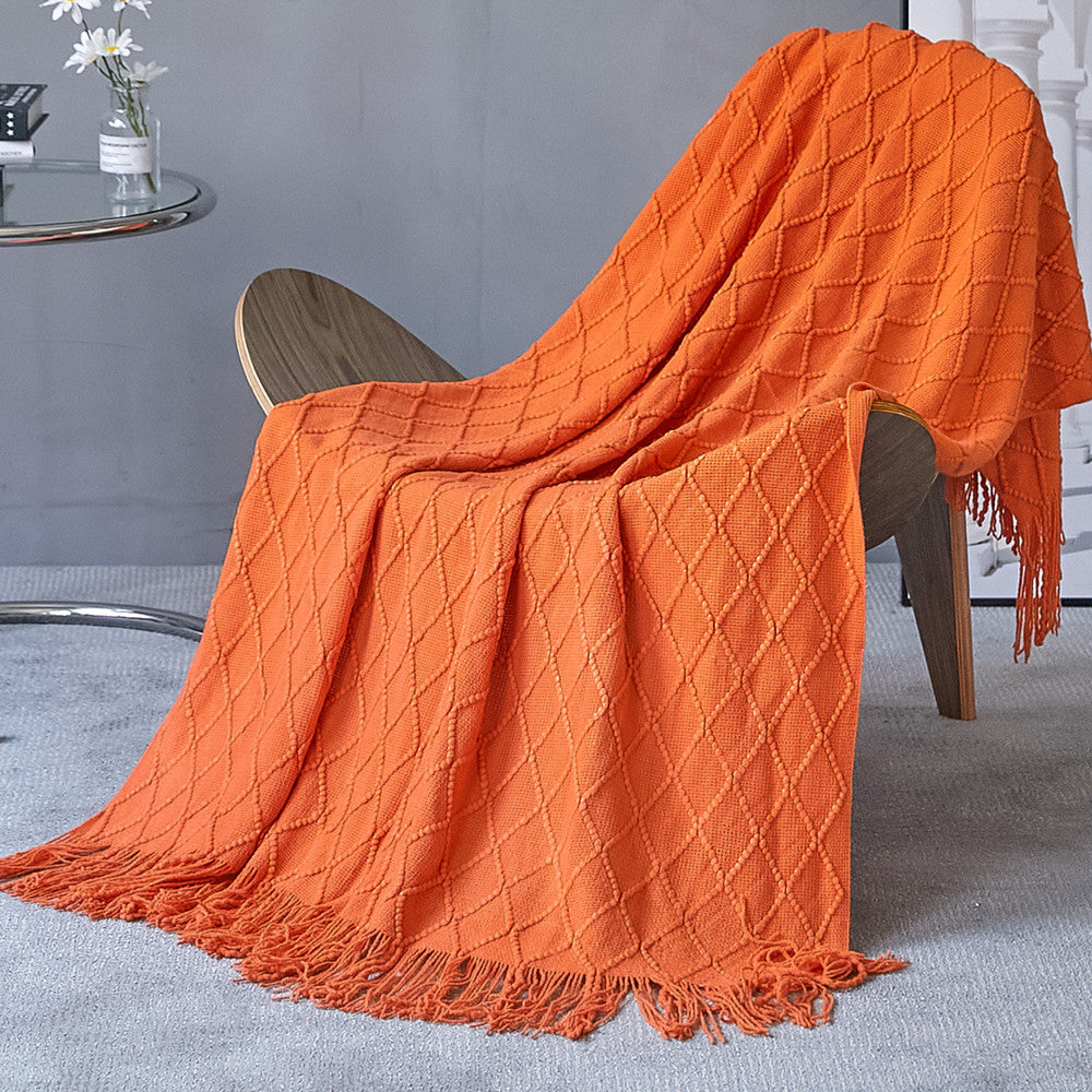 Geometric Knitted Sofa Throw Blanket with Tassels, sofa blanket and knit throw