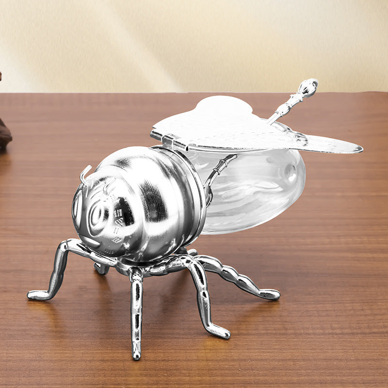 Gold Bee-Shaped Honey and Sugar Jar with Spoon, honey jar, sugar bowl and condiment jar