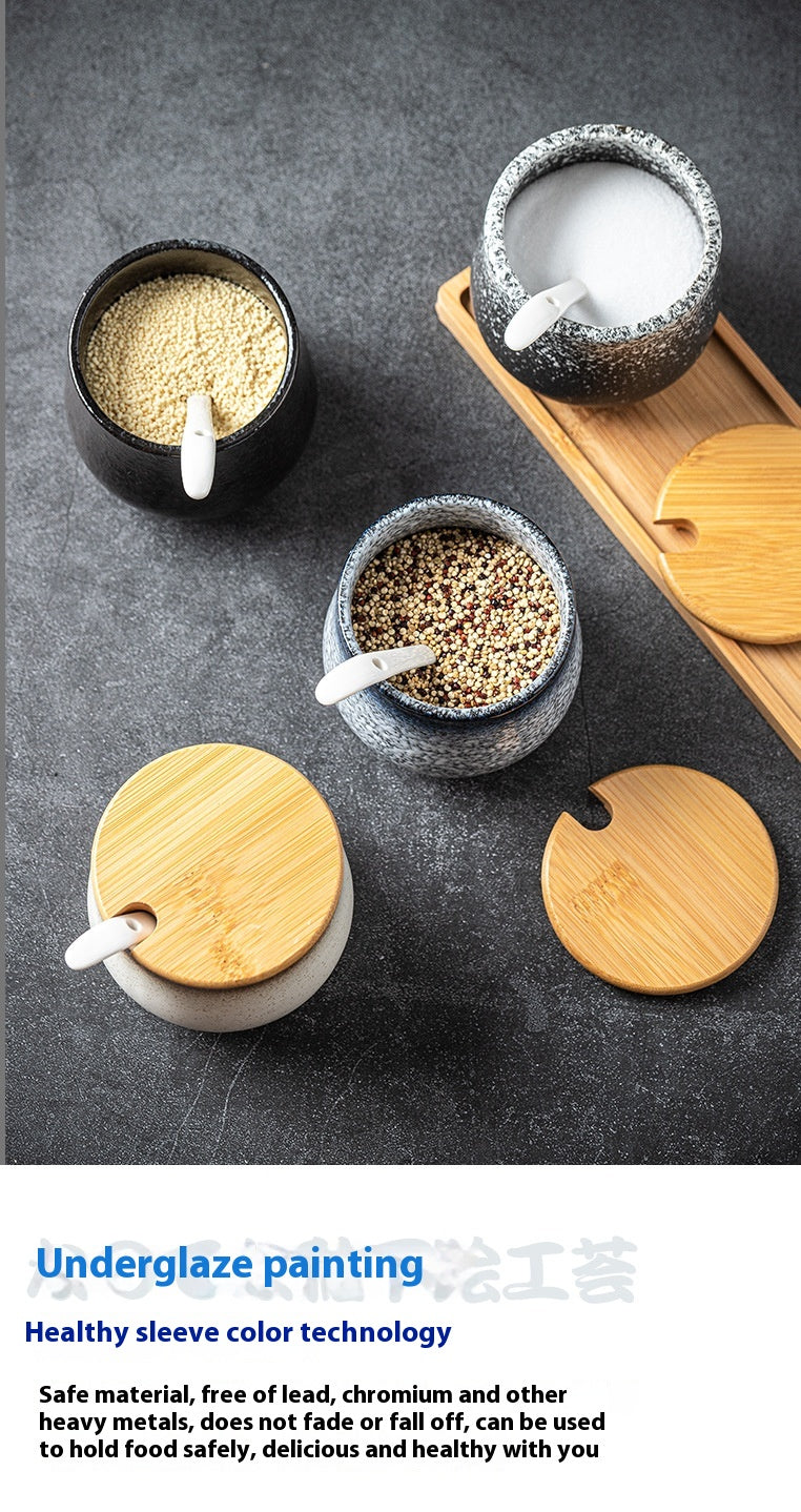 Ceramic Seasoning Jar and Wooden Tray Options, spice jar and condiment jar