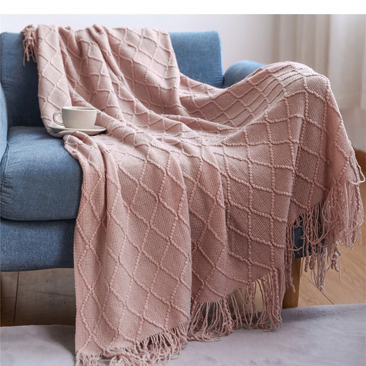 Geometric Knitted Sofa Throw Blanket with Tassels, sofa blanket and knit throw