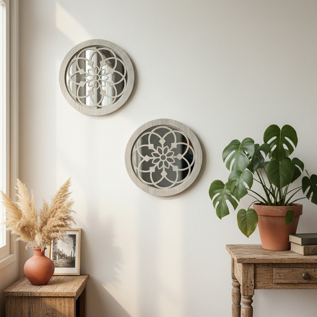Carved Round Decorative Wall Mirrors Set of 2, round mirror and farmhouse mirror