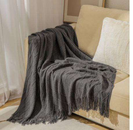 Geometric Knitted Sofa Throw Blanket with Tassels, sofa blanket and knit throw