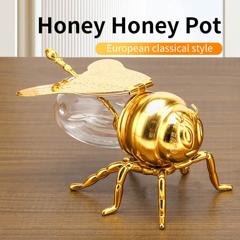 Gold Bee-Shaped Honey and Sugar Jar with Spoon, honey jar, sugar bowl and condiment jar