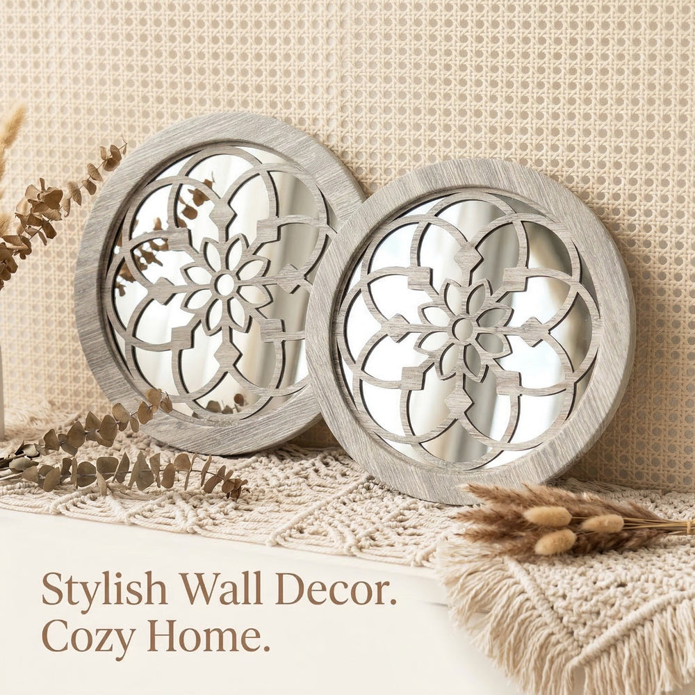 Carved Round Decorative Wall Mirrors Set of 2, round mirror and farmhouse mirror