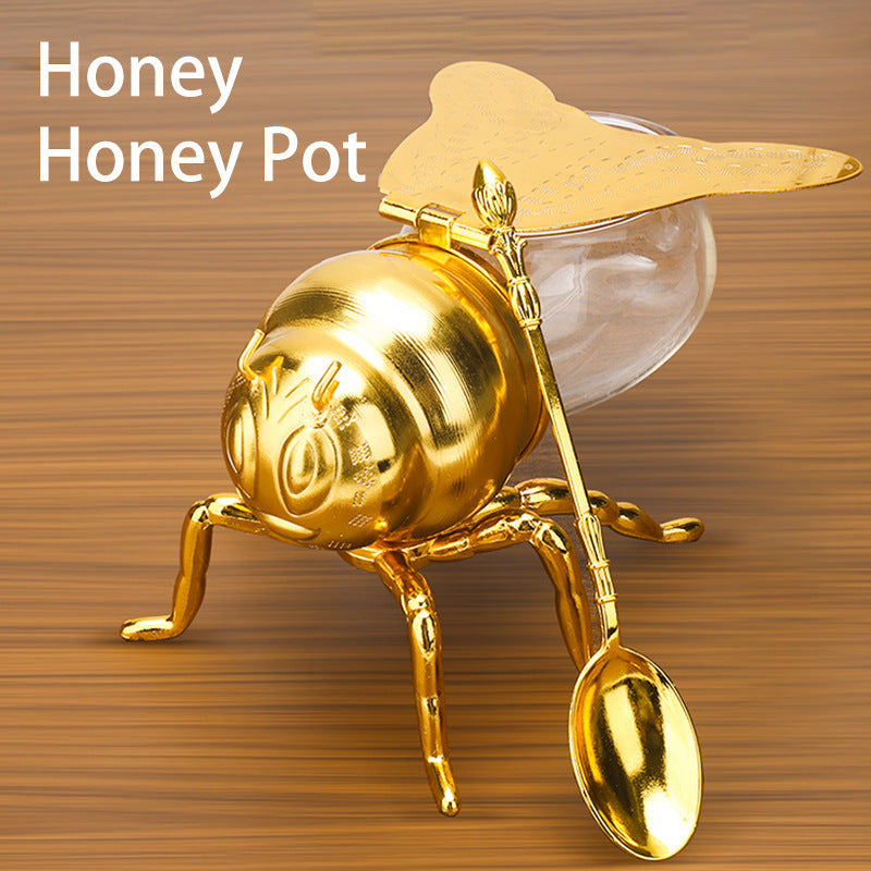 Gold Bee-Shaped Honey and Sugar Jar with Spoon, honey jar, sugar bowl and condiment jar