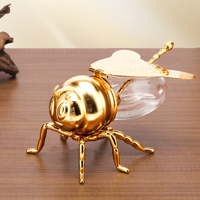 Gold Bee-Shaped Honey and Sugar Jar with Spoon, honey jar, sugar bowl and condiment jar