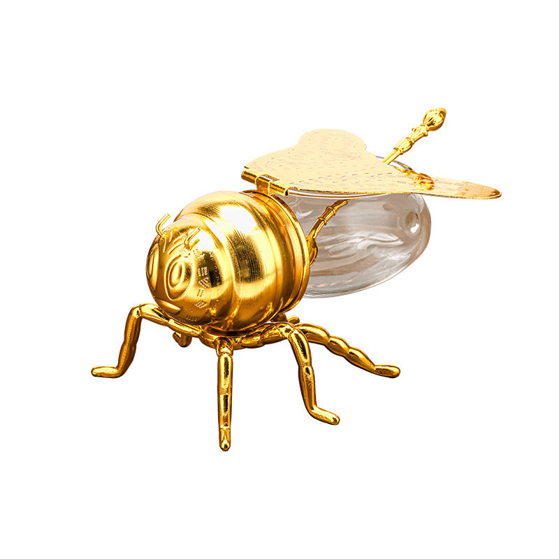 Gold Bee-Shaped Honey and Sugar Jar with Spoon, honey jar, sugar bowl and condiment jar