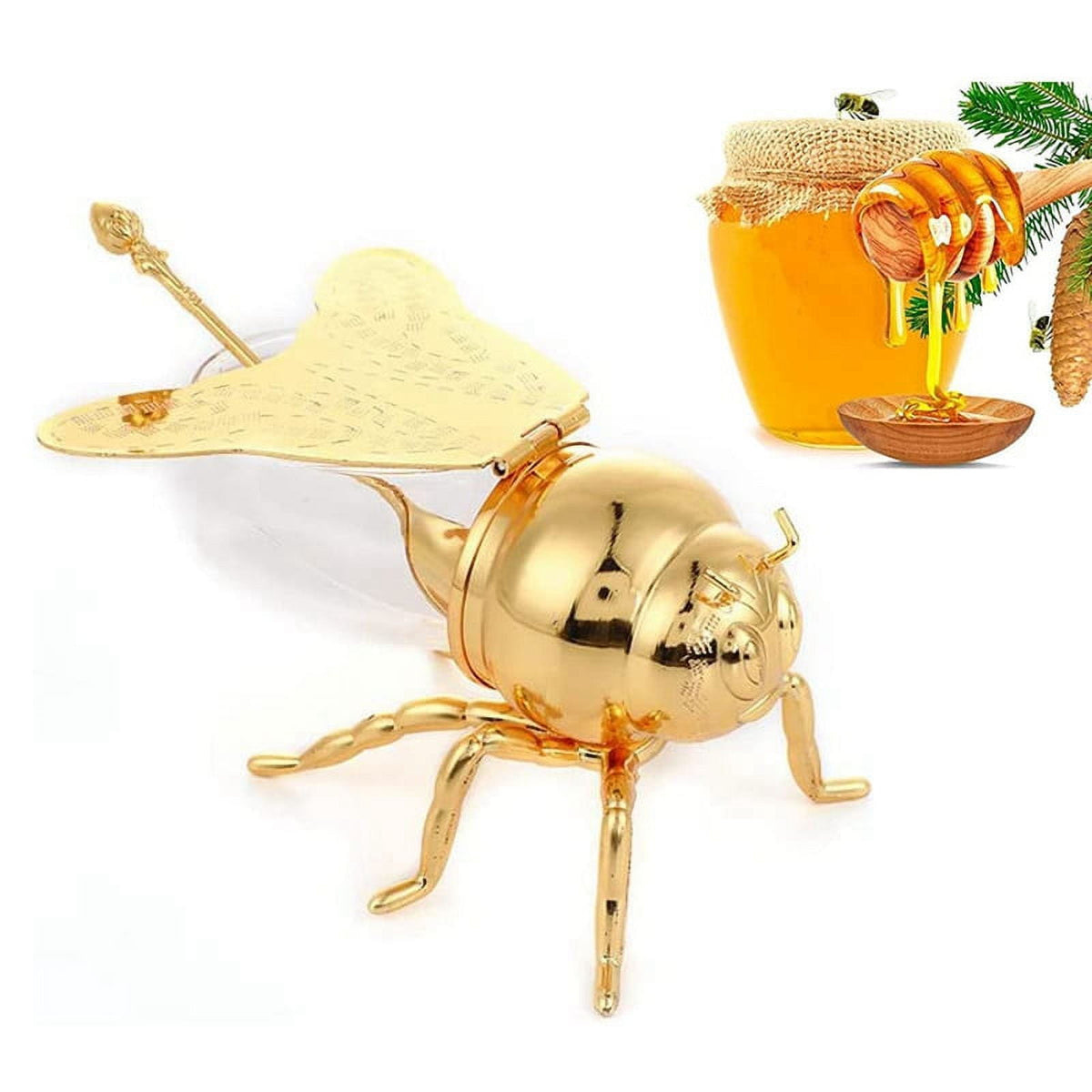 Gold Bee-Shaped Honey and Sugar Jar with Spoon, honey jar, sugar bowl and condiment jar