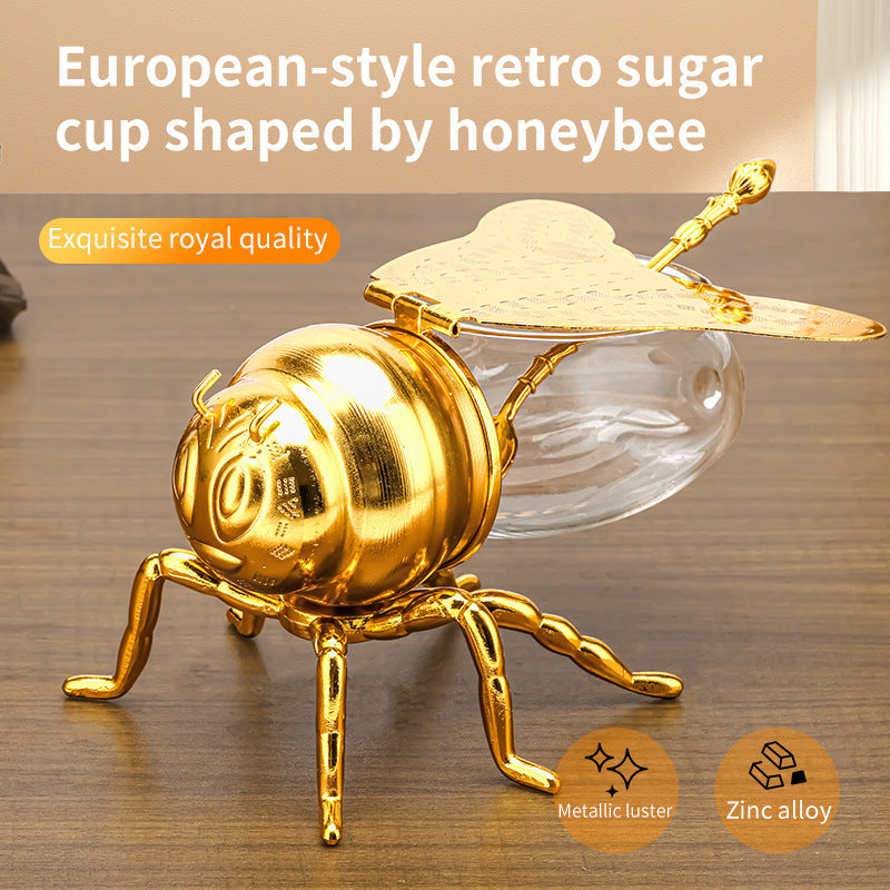 Gold Bee-Shaped Honey and Sugar Jar with Spoon, honey jar, sugar bowl and condiment jar
