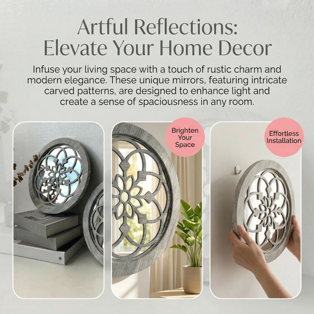 Carved Round Decorative Wall Mirrors Set of 2, round mirror and farmhouse mirror