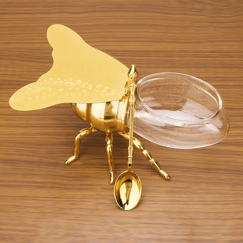 Gold Bee-Shaped Honey and Sugar Jar with Spoon, honey jar, sugar bowl and condiment jar