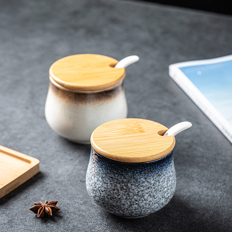Ceramic Seasoning Jar and Wooden Tray Options, spice jar and condiment jar
