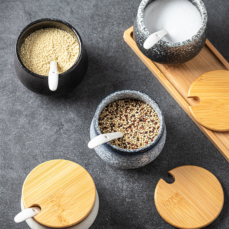 Ceramic Seasoning Jar and Wooden Tray Options, spice jar and condiment jar