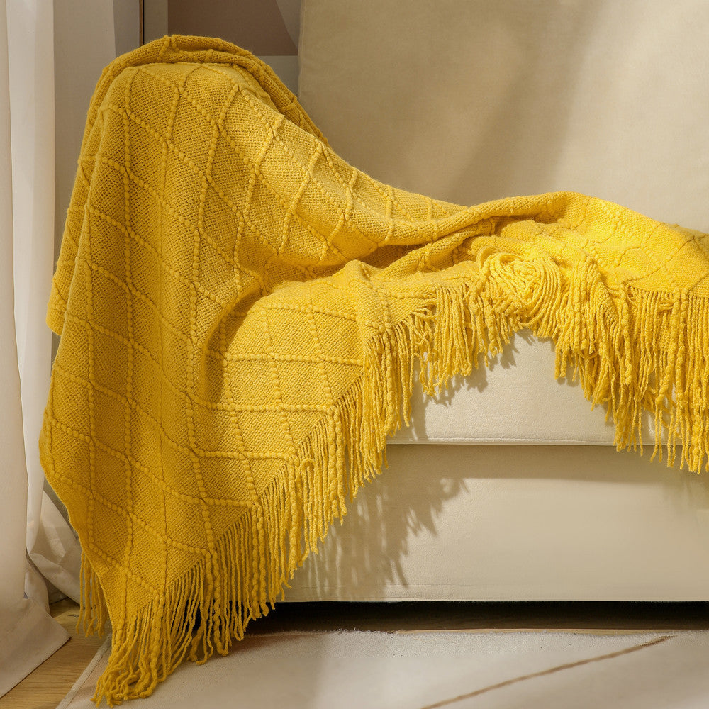 Geometric Knitted Sofa Throw Blanket with Tassels, sofa blanket and knit throw