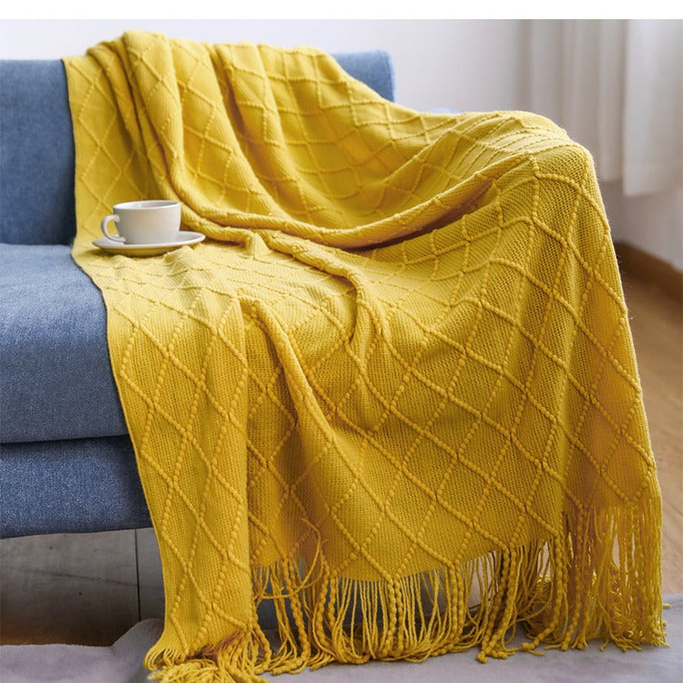 Geometric Knitted Sofa Throw Blanket with Tassels, sofa blanket and knit throw