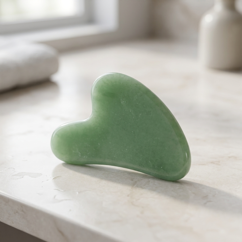 Gua sha board on a bathroom counter