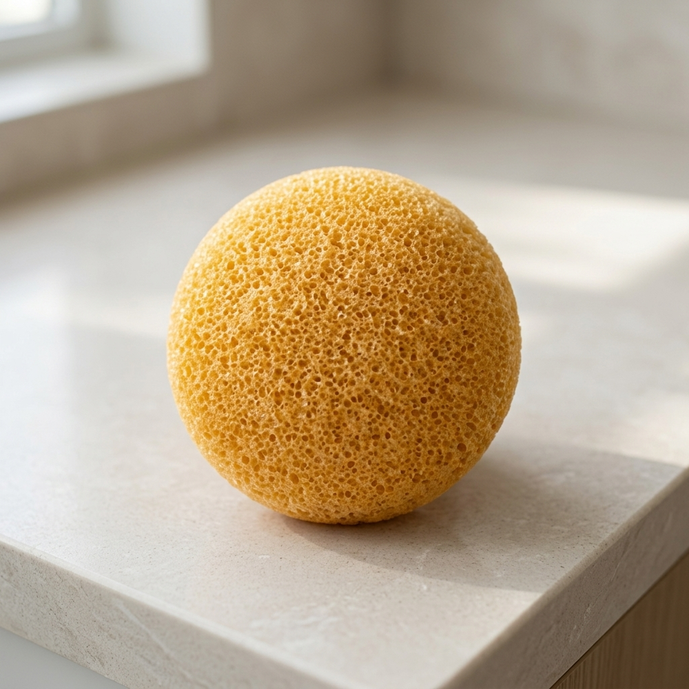 Konjac face sponge on a bathroom counter