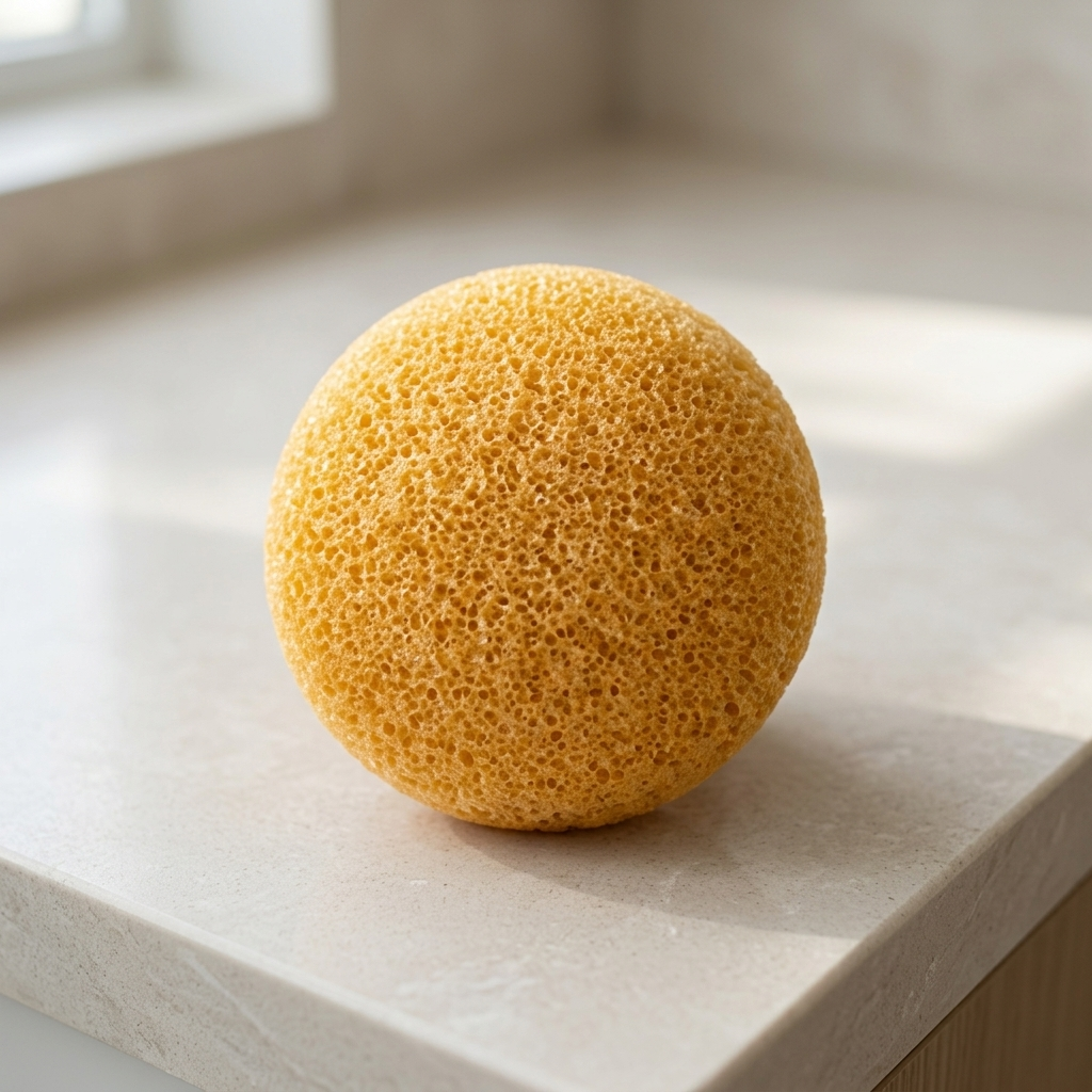 Konjac face sponge on a bathroom counter