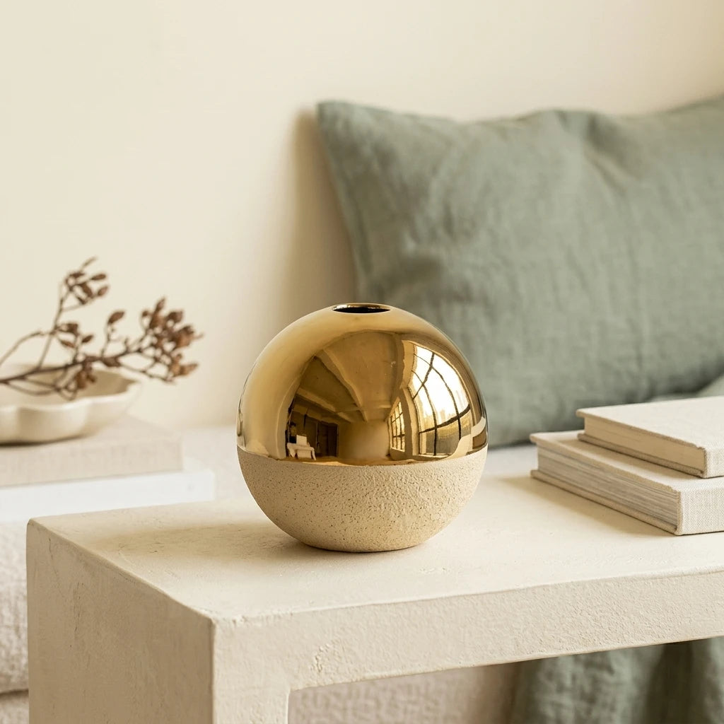 Gold Ceramic Vase with Rounded Shape, flower vase and home decor vase