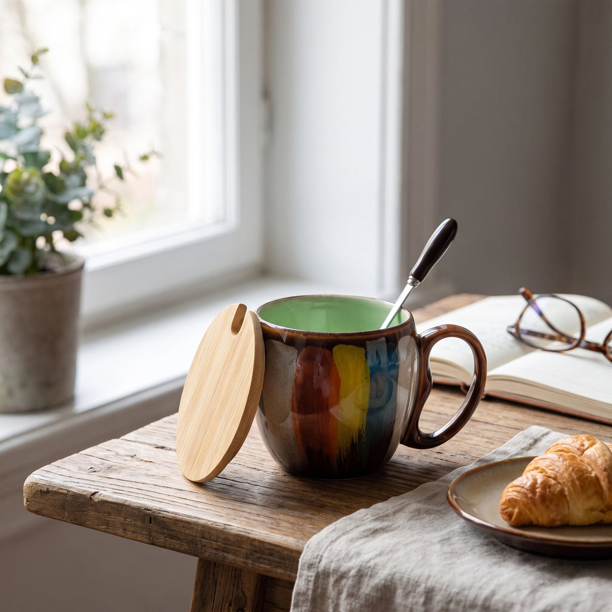 Ceramic Cup with Lid and Spoon — Green in a home setting; styling props not included.
