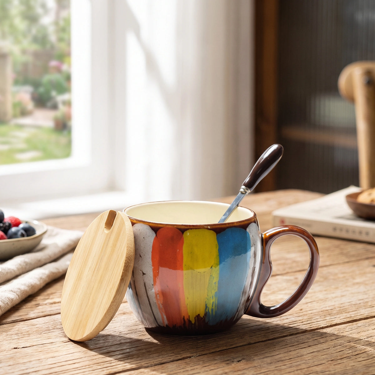 Ceramic Cup with Lid and Spoon — Yellow in a home setting; styling props not included.