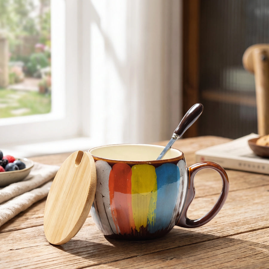 Ceramic Cup with Lid and Spoon, coffee mug and tea cup