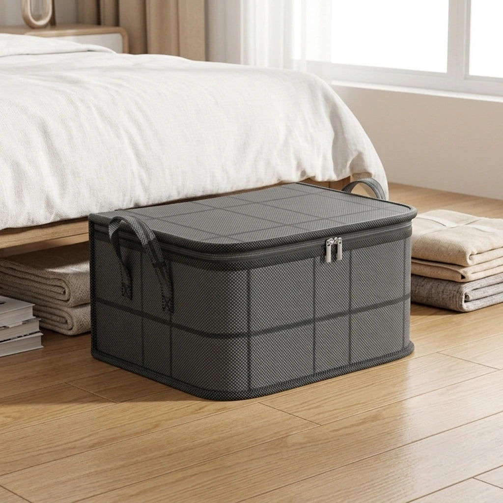 Foldable Clothes Storage Bag Large Capacity Organizer With Handle And Double Zipper For Bedding Moving Travel Under Bed Storage — Small Size in a home setting; styling props not included. [fastbatch-101]