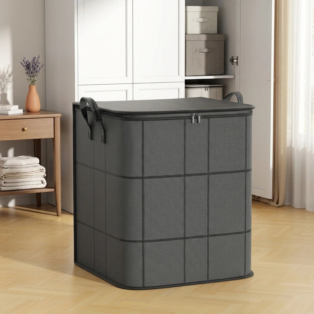 Foldable Clothes Storage Bag Large Capacity Organizer With Handle And Double Zipper For Bedding Moving Travel Under Bed Storage — Large Size in a home setting; styling props not included. [fastbatch-103]