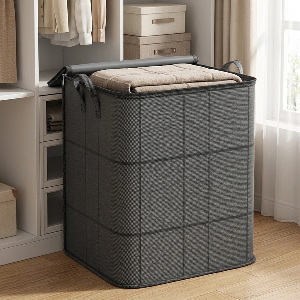 Foldable Clothes Storage Bag Large Capacity Organizer With Handle And Double Zipper For Bedding Moving Travel Under Bed Storage — Extra Large in a home setting; styling props not included. [fastbatch-104]