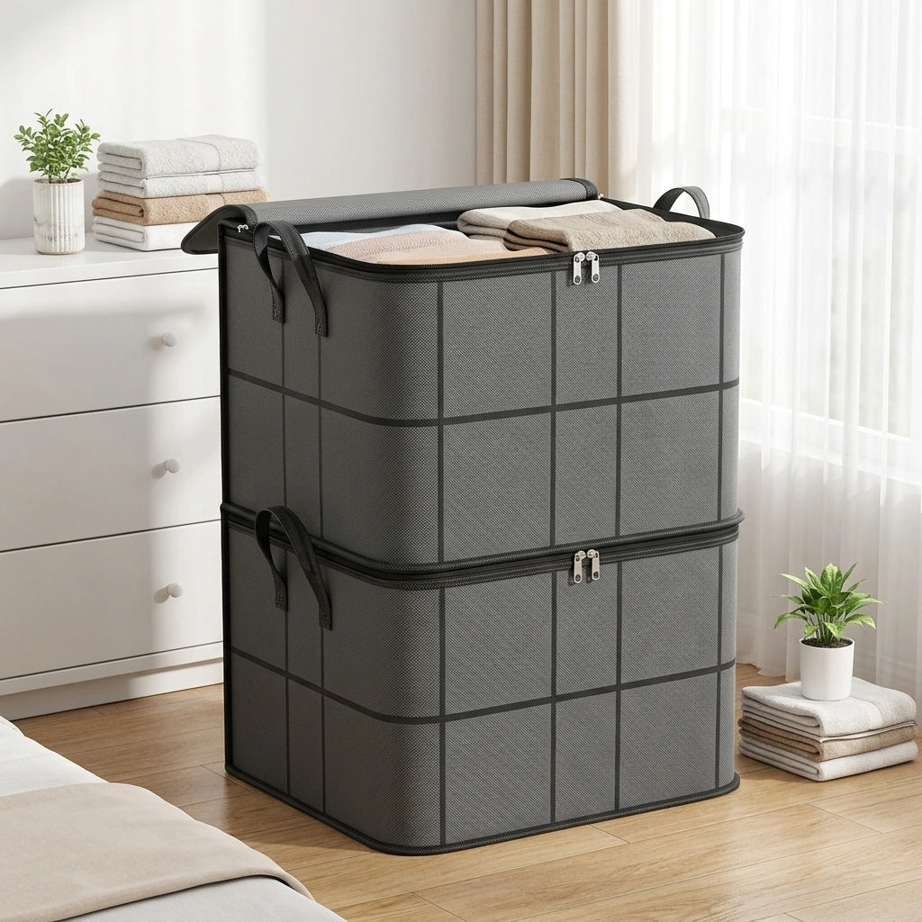 Foldable Clothes Storage Bag Large Capacity Organizer With Handle And Double Zipper For Bedding Moving Travel Under Bed Storage — Extra Large2pcs in a home setting; styling props not included. [fastbatch-105]