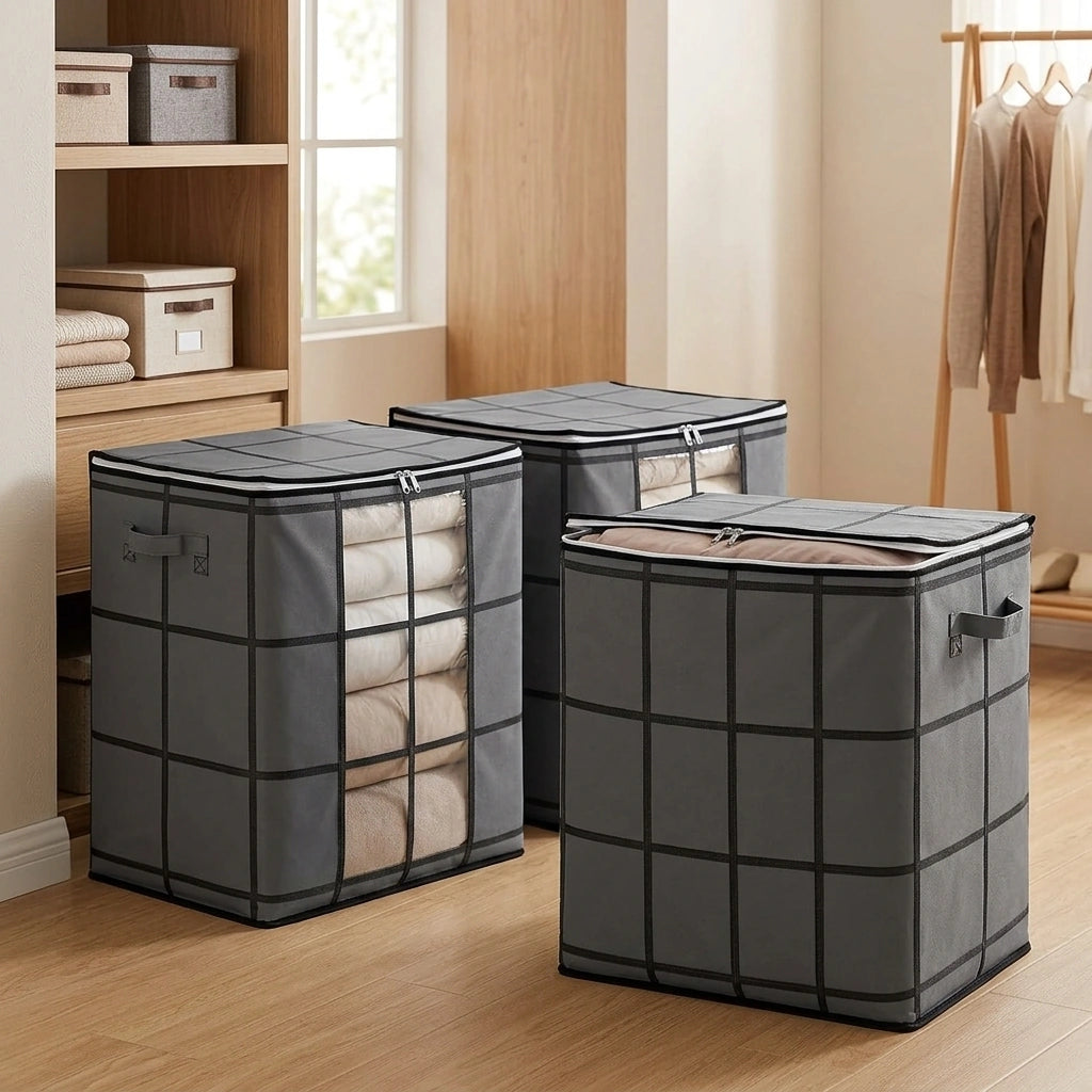 Foldable Clothes Storage Bag Large Capacity Organizer With Handle And Double Zipper For Bedding Moving Travel Under Bed Storage — Set 1 in a home setting; styling props not included. [fastbatch-106]
