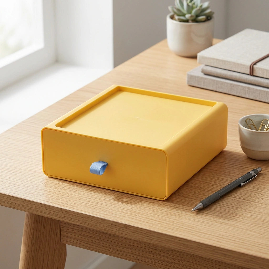 Desktop Storage Box Office Accessories Makeup, Plastic Storage Container Bathroom Storage Stackable Organizer Drawer — Yellow-1PC in a home setting; styling props not included. [fastbatch-108]