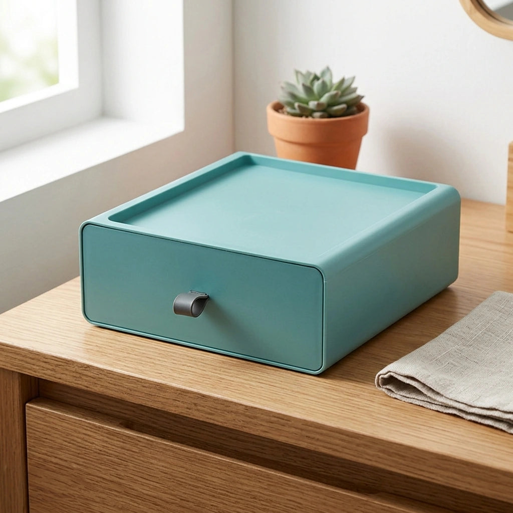 Desktop Storage Box Office Accessories Makeup, Plastic Storage Container Bathroom Storage Stackable Organizer Drawer — Green-1PC in a home setting; styling props not included. [fastbatch-109]