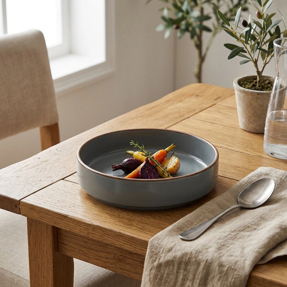 Household Tableware Solid Color Ceramic Bowl — Grey-5.7inch small deep plate in a home setting; styling props not included. [fastbatch-11]