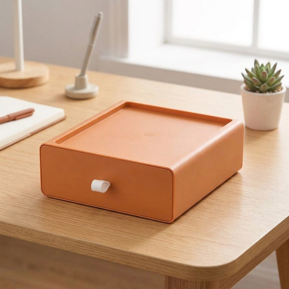 Desktop Storage Box Office Accessories Makeup, Plastic Storage Container Bathroom Storage Stackable Organizer Drawer — Orange-1PC in a home setting; styling props not included. [fastbatch-111]