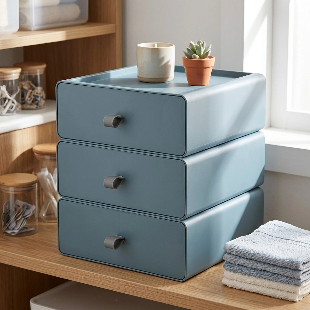 Desktop Storage Box Office Accessories Makeup, Plastic Storage Container Bathroom Storage Stackable Organizer Drawer — Blue-3PCS in a home setting; styling props not included. [fastbatch-112]